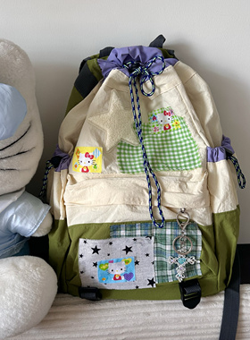 黑樱酱自制绿色星星kt拼贴背包撞色双肩包日系可爱小众百搭书包