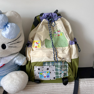 黑樱酱自制绿色星星kt拼贴背包撞色双肩包日系可爱小众百搭书包