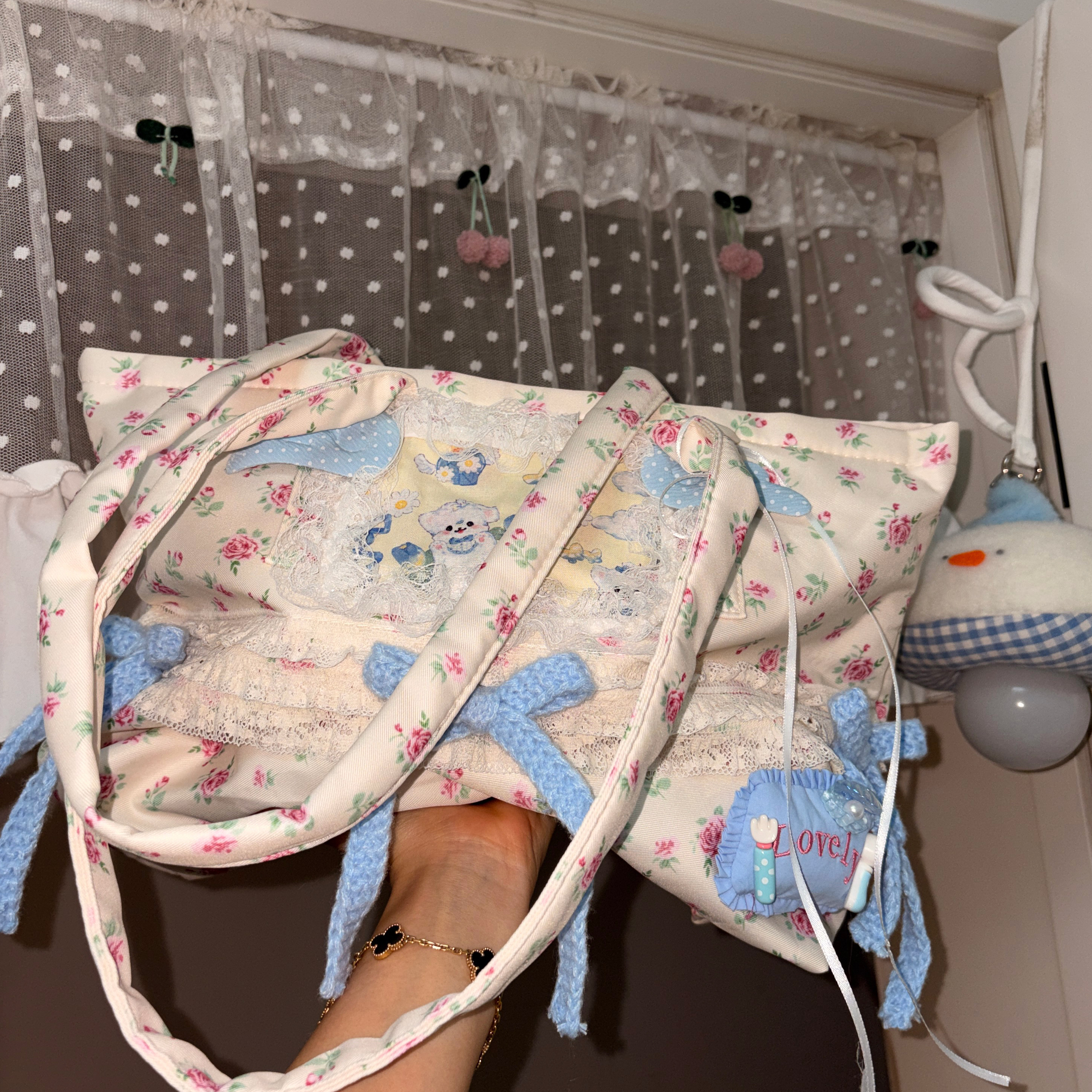 黑樱酱 日韩碎花软妹花边复古可爱二次元蝴蝶结通勤上学单肩包