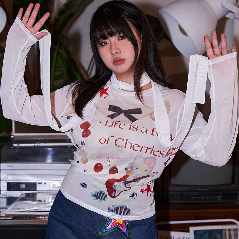 半月天使 微胖少女乐队原创猫猫印花网纱长袖t恤送围巾