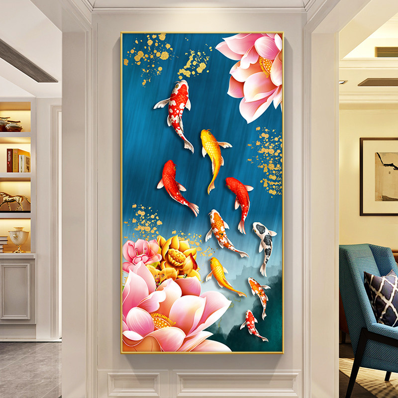 新款5d钻石画满钻九鱼图玄关竖版点贴钻十字绣中国风客厅粘砖石画