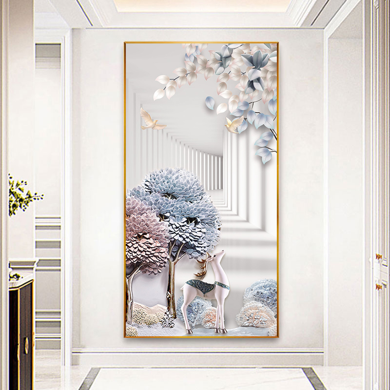 5D钻石画2025年新款客厅满钻发财麋鹿贴砖十字绣玄关竖版现代风景