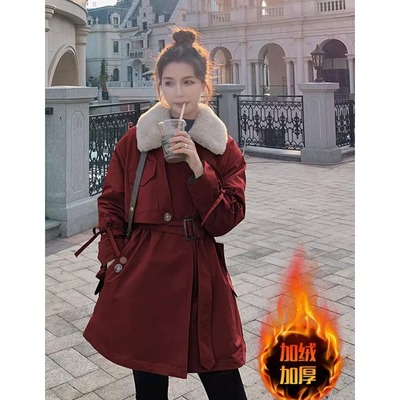 大码胖mm拼接收腰中长款外套女冬季新款小个子大衣加绒加厚派克服