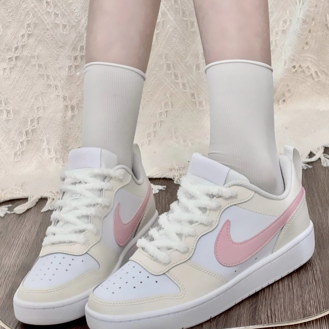 【定制球鞋】Nike Court Borough奶油樱花 甜妹 乳白色BQ5448-100