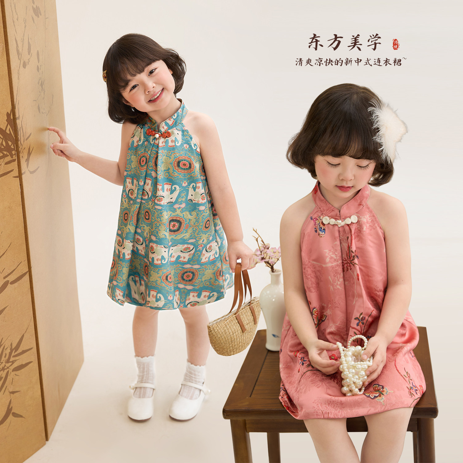 小O宝童装 女宝宝挂脖新中式连衣裙2026夏季新款女童背心国风汉服