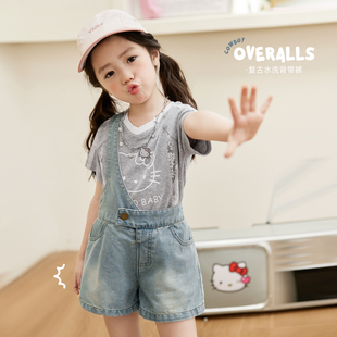 新款 小O寶Okids童裝 女不對(duì)稱2025夏季 女童短褲 寶寶牛仔背帶短褲