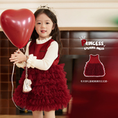 小O宝童装 宝宝新年红色连衣裙高级过年服女童网纱礼服公主蓬蓬裙