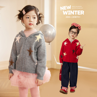 女童连帽针织毛线衣外套 女红色2026冬季 小O宝童装 宝宝星星开衫