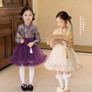 小O宝童装 宝宝新中式网纱蓬蓬裙女2026新款女童国风礼服裙子
