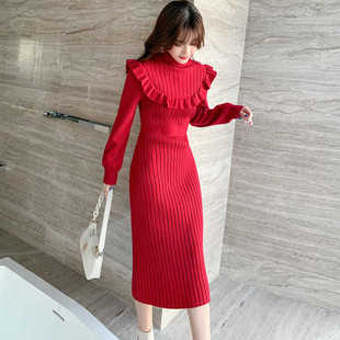 红色复古长袖针织连衣裙女2023秋冬新款气质收腰显瘦中长款打底裙