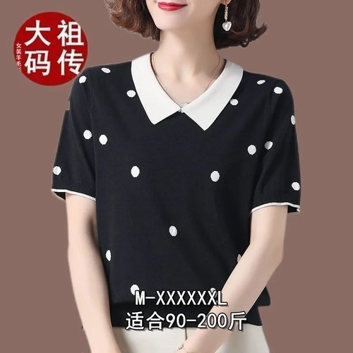 桑蚕丝翻领波点冰丝针织衫短袖女