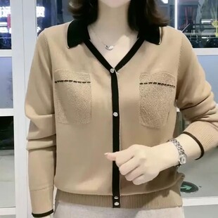 时尚撞色翻领套头针织衫女春秋新新款宽松洋气百搭减龄长袖打底衫