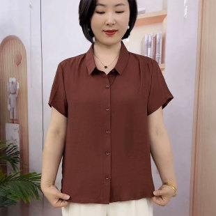 时尚休闲纯色短袖衬衫女2025夏季新款宽松显瘦百搭妈妈装翻领衬衣