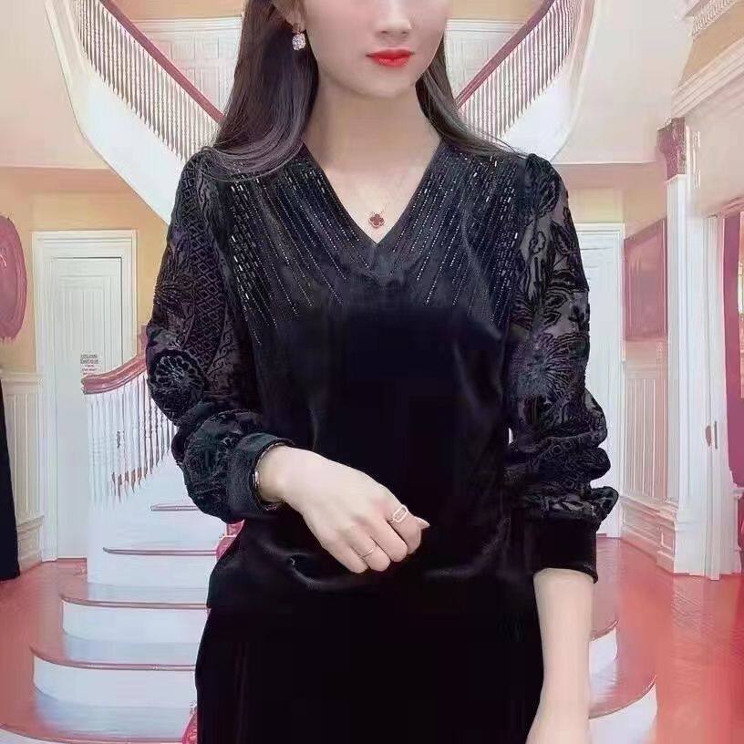 时尚百搭v领金丝绒小衫烫钻2023春季新款妈妈装网纱显瘦减龄t恤女,女装/女士精品,T恤,淘宝优惠券,粉丝福利购,淘宝优惠卷