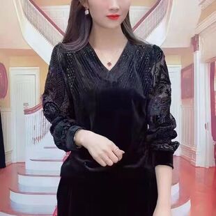 妈妈装 时尚 新款 烫钻2023春季 网纱显瘦减龄t恤女 百搭v领金丝绒小衫