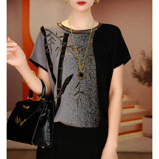 新款 洋气时尚 薄2025夏季 针织衫 宽松显瘦气质女士上衣 圆领烫钻短袖
