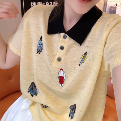 时尚减龄撞色翻领短袖针织衫女士