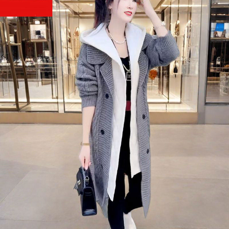 2024冬季新款时尚假两件连帽毛衣外套女士洋气宽松加厚中长款风衣