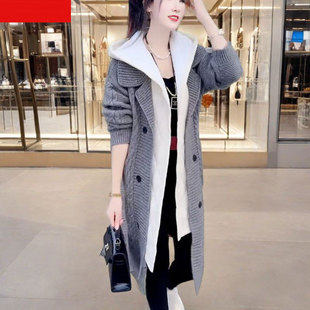 2024冬季新款时尚假两件连帽毛衣外套女士洋气宽松加厚中长款风衣