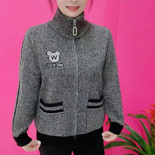 时尚中年妈妈装长袖针织开衫女秋季新款宽松休闲百搭双兜拉链外套