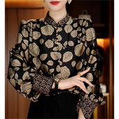 印花长袖 立领衬衫 女2025春季 气质时尚 新款 宽松遮肉百搭套头上衣潮