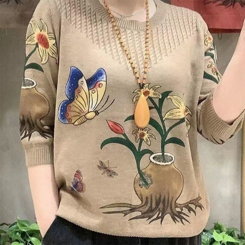 圆领套头印花薄款针织衫七分袖女
