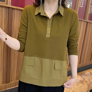 宽松显瘦拼接中年妈妈上衣 长袖 洋气百搭polo领卫衣女2023秋季 新款