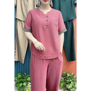 宽松休闲显瘦短袖 时尚 新款 2024夏季 上衣两件套女 复古纯色妈妈套装