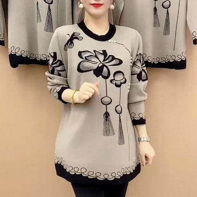 针织衫圆领印花妈妈装长袖中长款