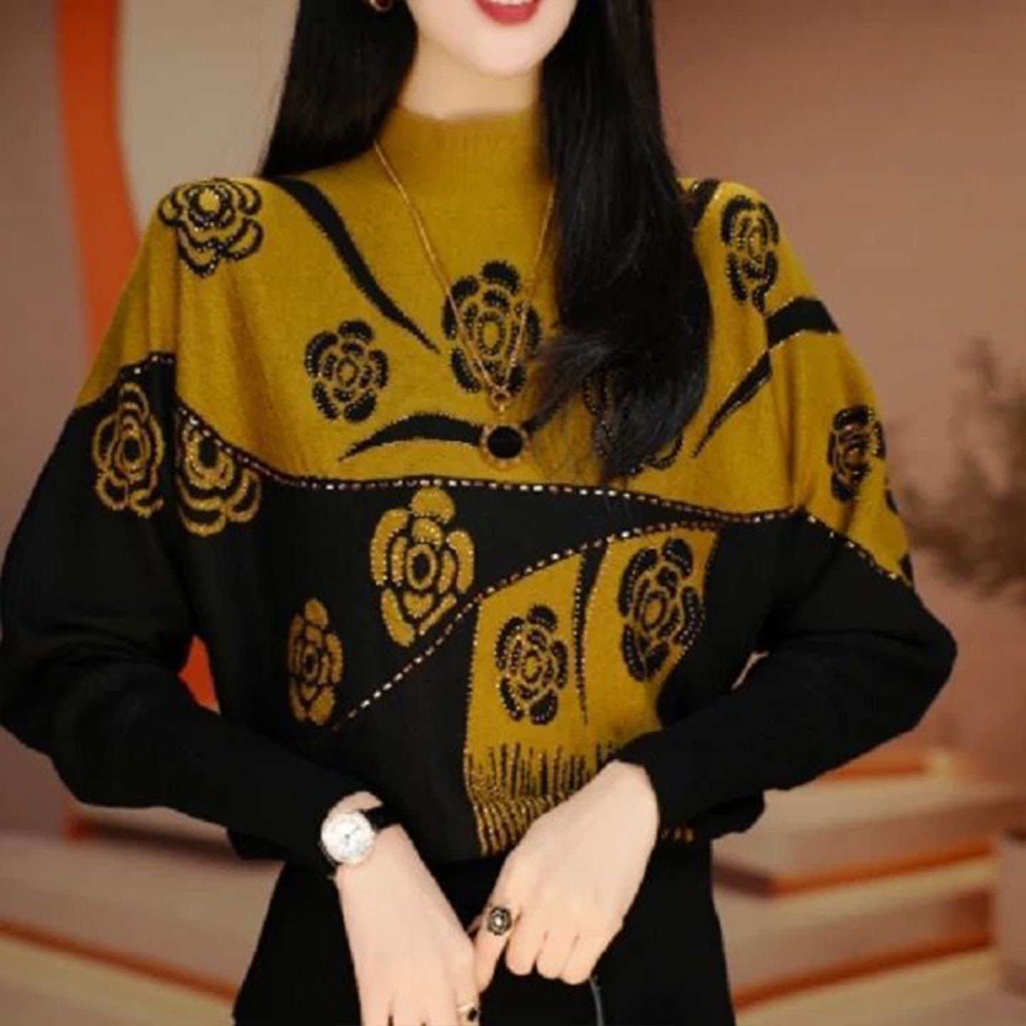 气质减龄提花拼色针织衫毛衣女冬装新款长袖宽松显瘦洋气烫钻上衣,女装/女士精品,毛衣,淘宝优惠券,粉丝福利购,淘宝优惠卷