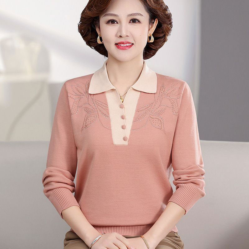 翻领烫钻针织衫长袖拼色上衣女装图片