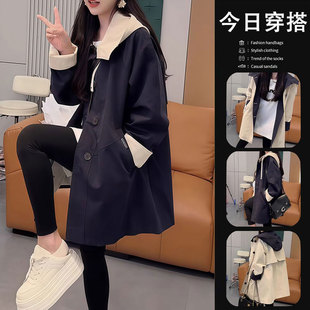 韩版洋气中长款撞色连帽风衣女秋季新款宽松休闲时尚英伦风外套潮
