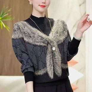 时尚冬季新款提花烫钻长袖针织衫女假两件妈妈装宽松显瘦气质上衣