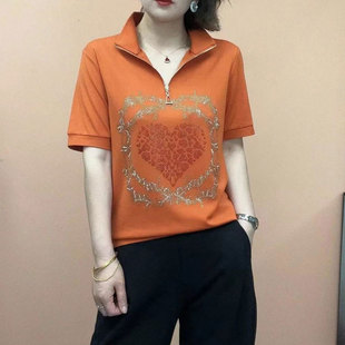 半拉链烫钻短袖卫衣女士2023夏季新款宽松显瘦百搭休闲套头上衣潮