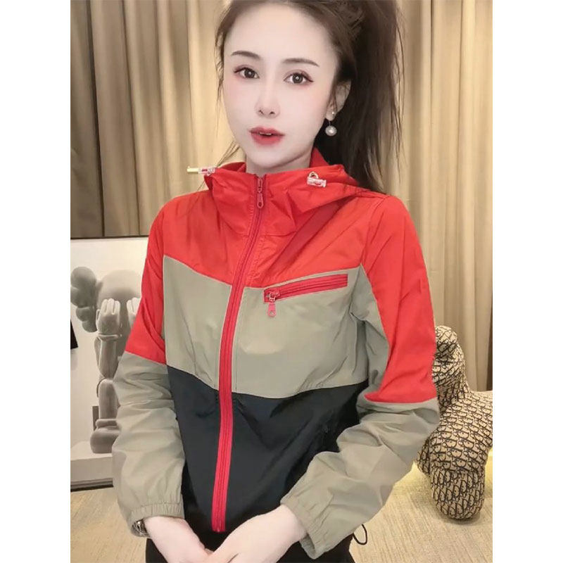2024夏季新款洋气拼色连帽防晒衣女韩版宽松百搭轻薄透气拉链外套