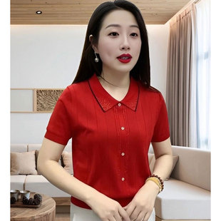 中年妈妈装针织衫女2024夏季新款洋气减龄百搭宽松显瘦短袖上衣女