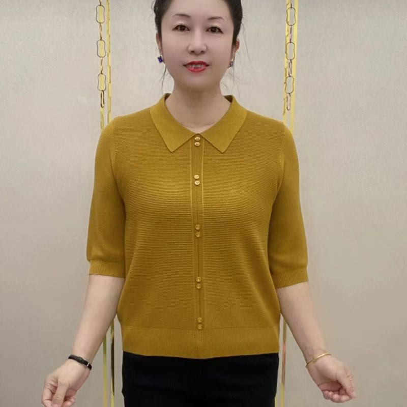 时尚七分袖翻领纯色针织衫女2024秋季新款宽松显瘦百搭妈妈装上衣