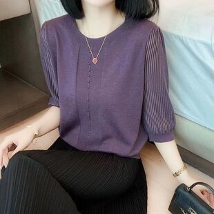 高级感减龄针织衫女士2024春夏新款宽松遮肚洋气圆领百搭中袖上衣