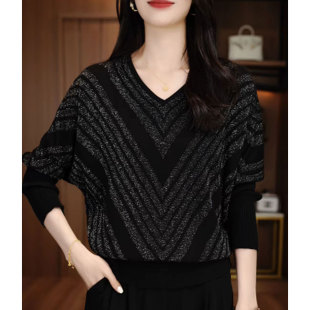 妈妈装 时尚 长袖 V领针织衫 冬季 女洋气百搭宽松显瘦休闲打底衫 新款