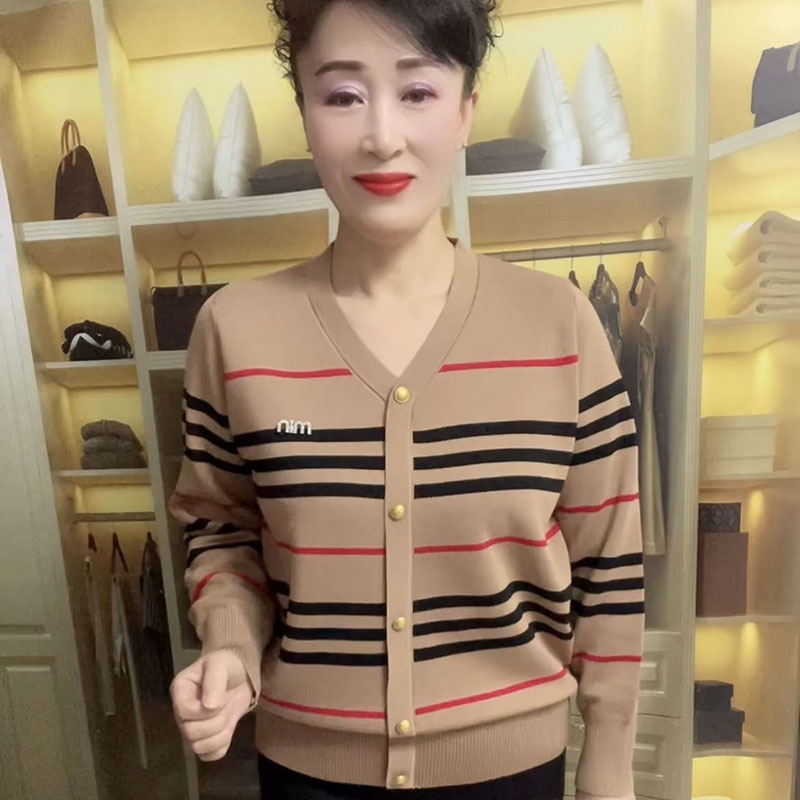时尚妈妈V领条纹套头针织衫女2025春季新款宽松显瘦百搭长袖上衣