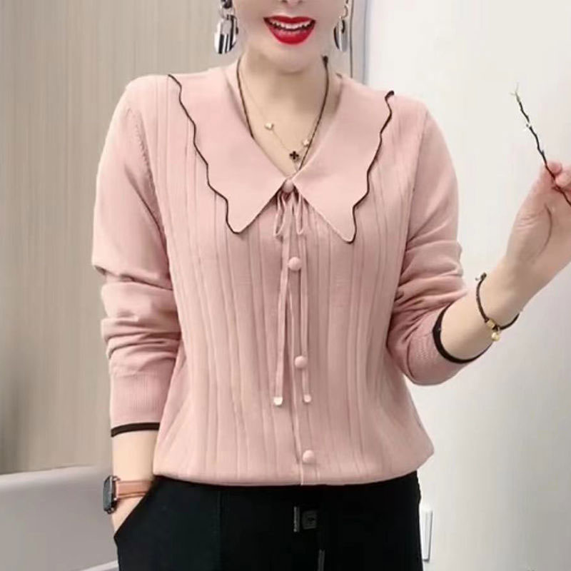 娃娃领纯色针织衫百搭弹力妈妈装