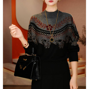宽松显瘦长袖 时尚 新款 2025冬季 拼色上衣女 高档洋气烫钻提花针织衫