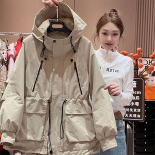 百搭洋气韩版 时尚 冲锋衣女2024秋季 连帽工装 宽松收腰抽绳外套 新款
