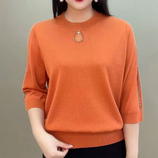 七分袖纯色烫钻妈妈装针织衫女2025夏季新款宽松显瘦百搭减龄上衣