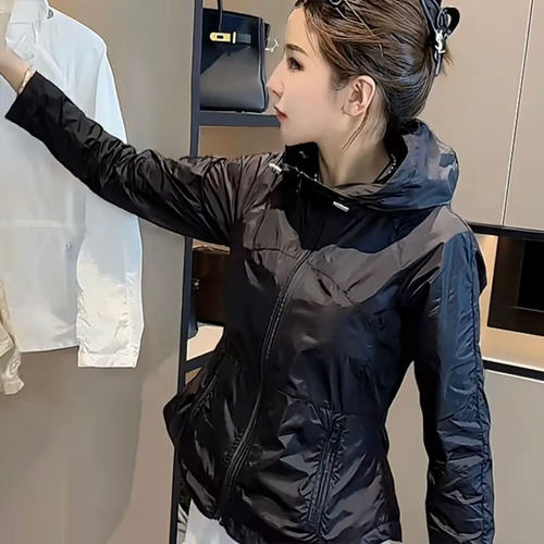 休闲纯色薄外套连帽拉链大码女士