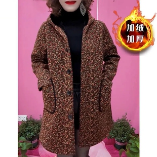加绒加厚碎花连帽风衣外套女冬季新款加绒加厚宽松中长款妈妈棉衣