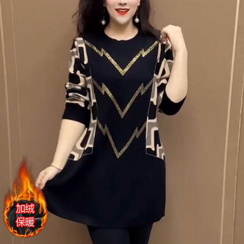 长袖百搭加绒烫钻中长款气质圆领