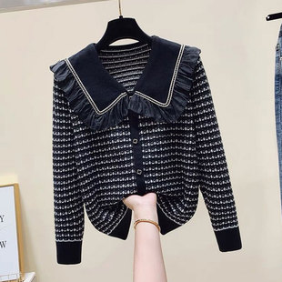 宽松百搭长袖 洋气减龄娃娃领针织衫 新款 2023秋季 套头毛衣上衣 女装