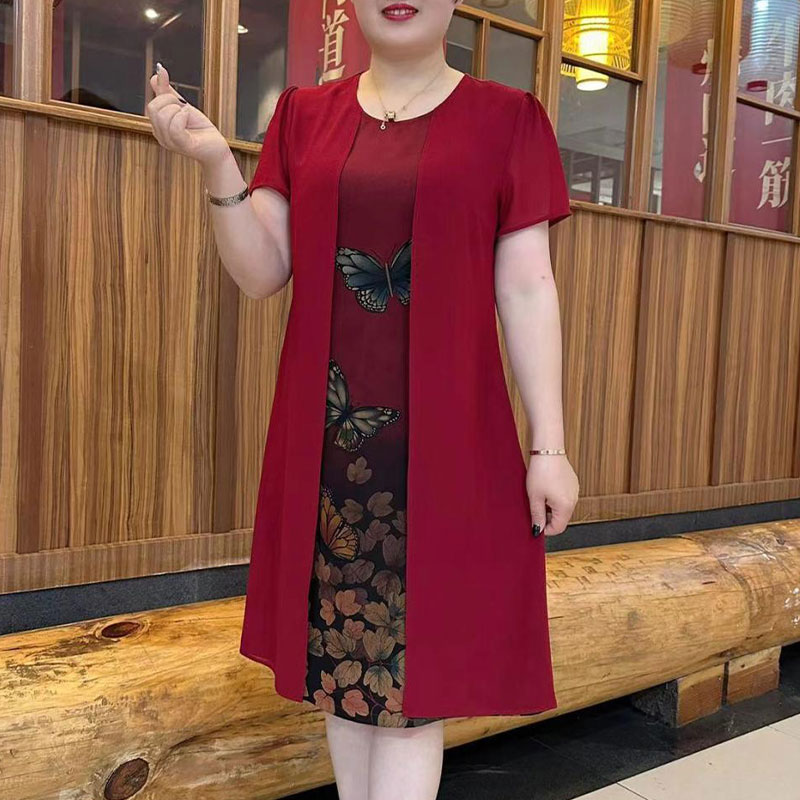 时尚印花假两件圆领短袖连衣裙女