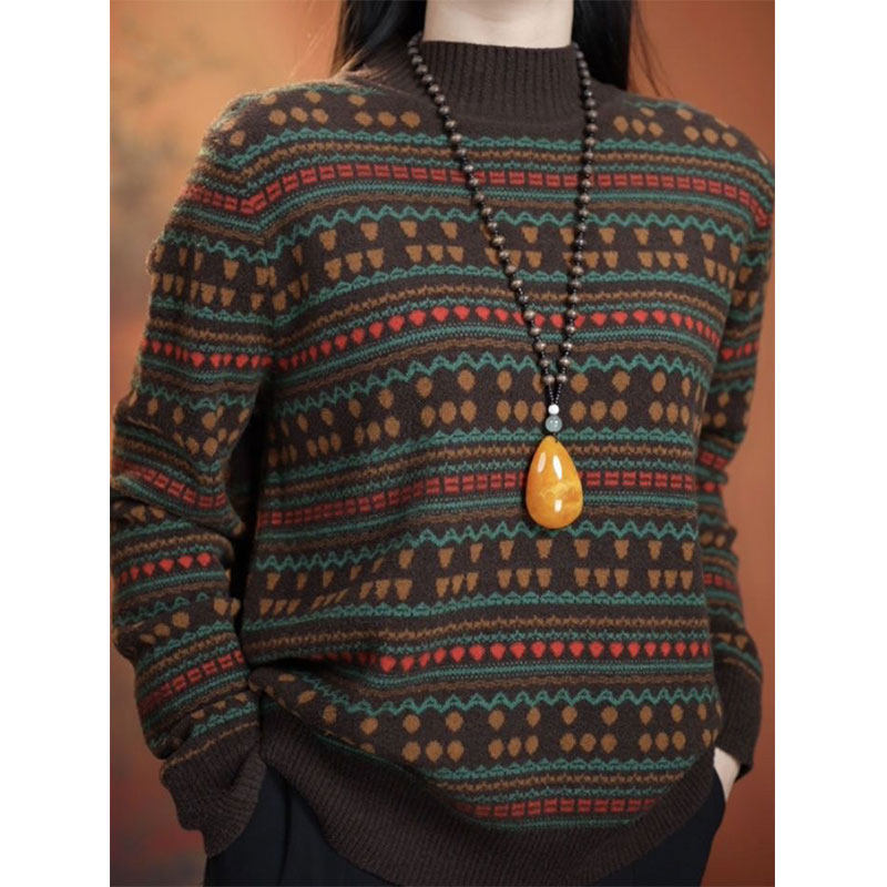 复古时尚提花长袖针织衫女2024秋冬新款宽松显瘦百搭妈妈装打底衫,女装/女士精品,毛针织衫,淘宝优惠券,粉丝福利购,淘宝优惠卷